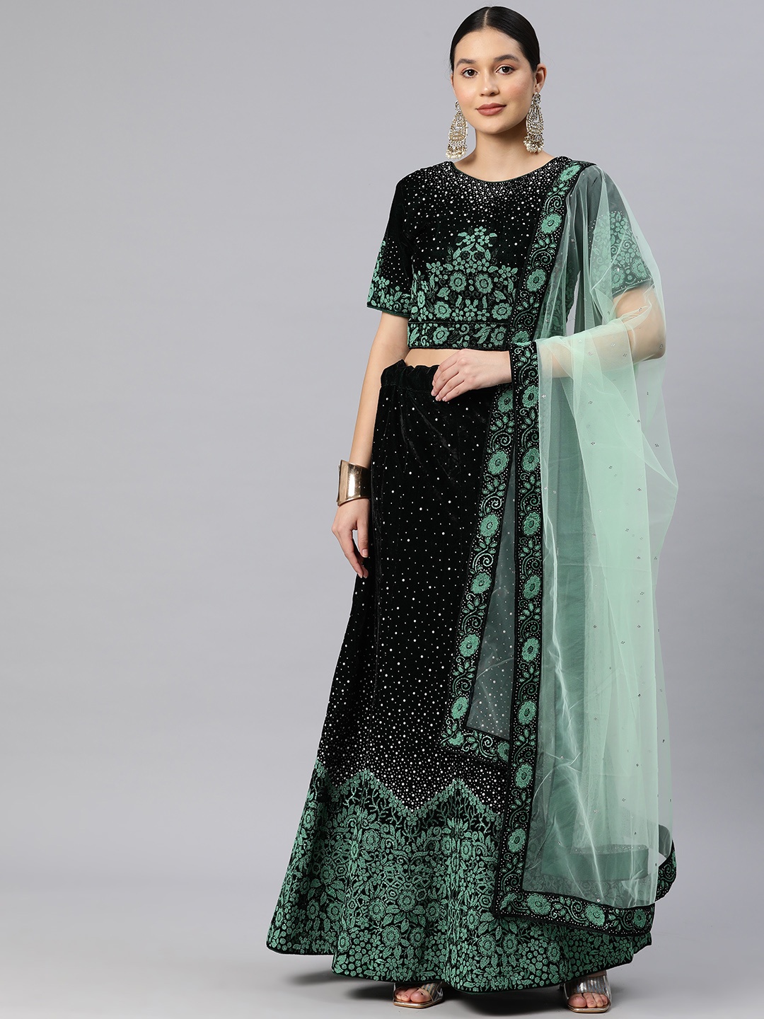 

CAMPAIGN TRENDS Beads & Stones Semi-Stitched Lehenga & Unstitched Blouse With Dupatta, Green