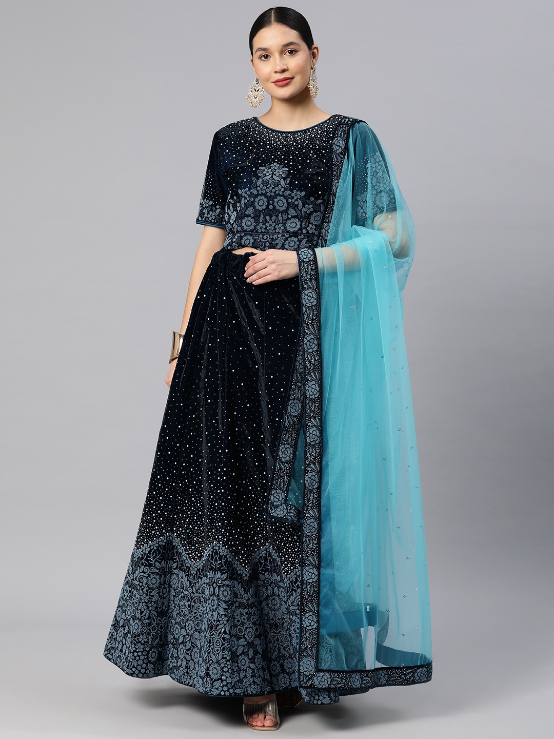 

CAMPAIGN TRENDS Beads & Stones Semi-Stitched Lehenga & Unstitched Blouse With Dupatta, Teal