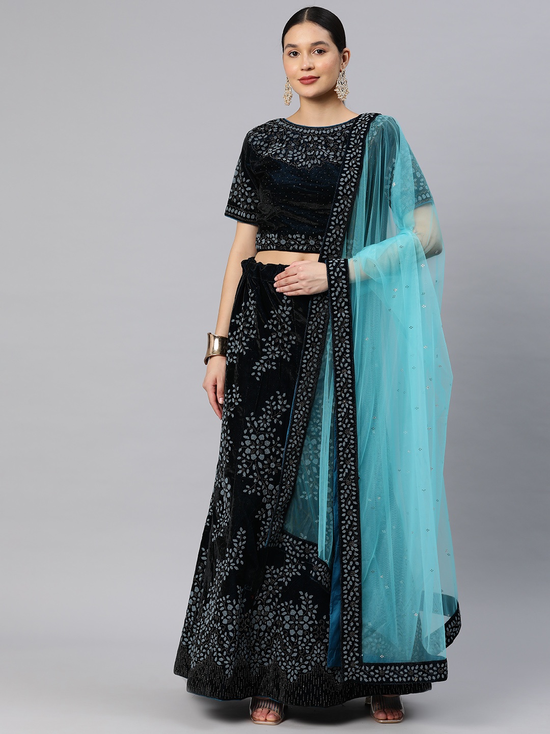 

CAMPAIGN TRENDS Embellished Beads & Stones Unstitched Lehenga & Blouse With Dupatta, Teal