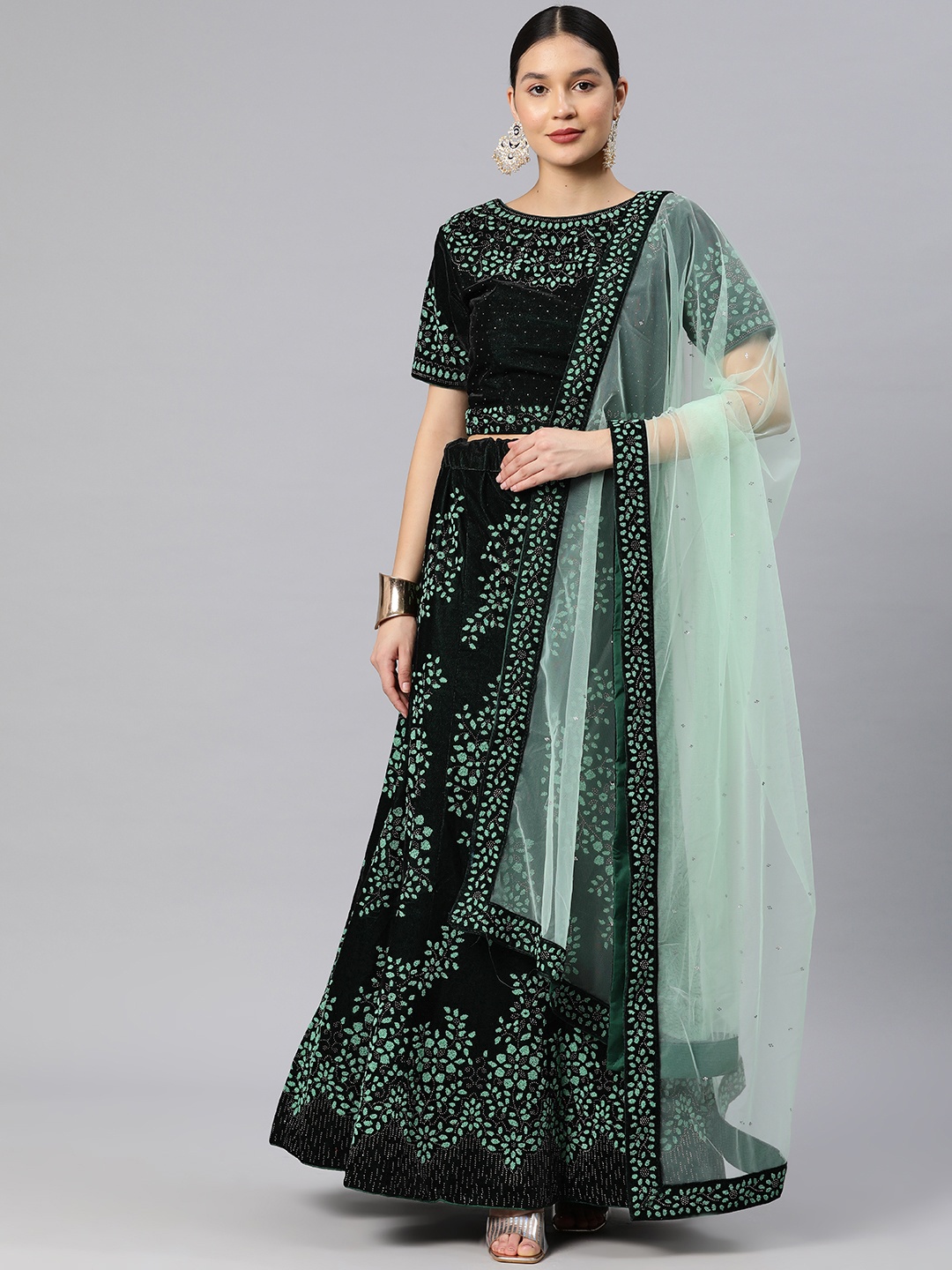 

CAMPAIGN TRENDS Embellished Beads and Stones Unstitched Lehenga & Blouse With Dupatta, Green