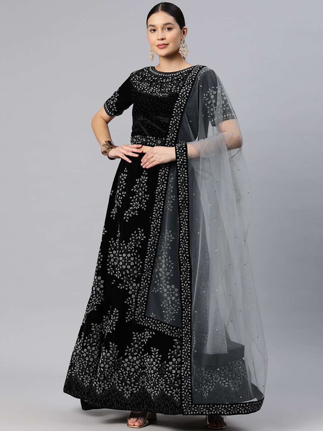 

CAMPAIGN TRENDS Embellished Beads & Stones Unstitched Lehenga & Blouse With Dupatta, Black