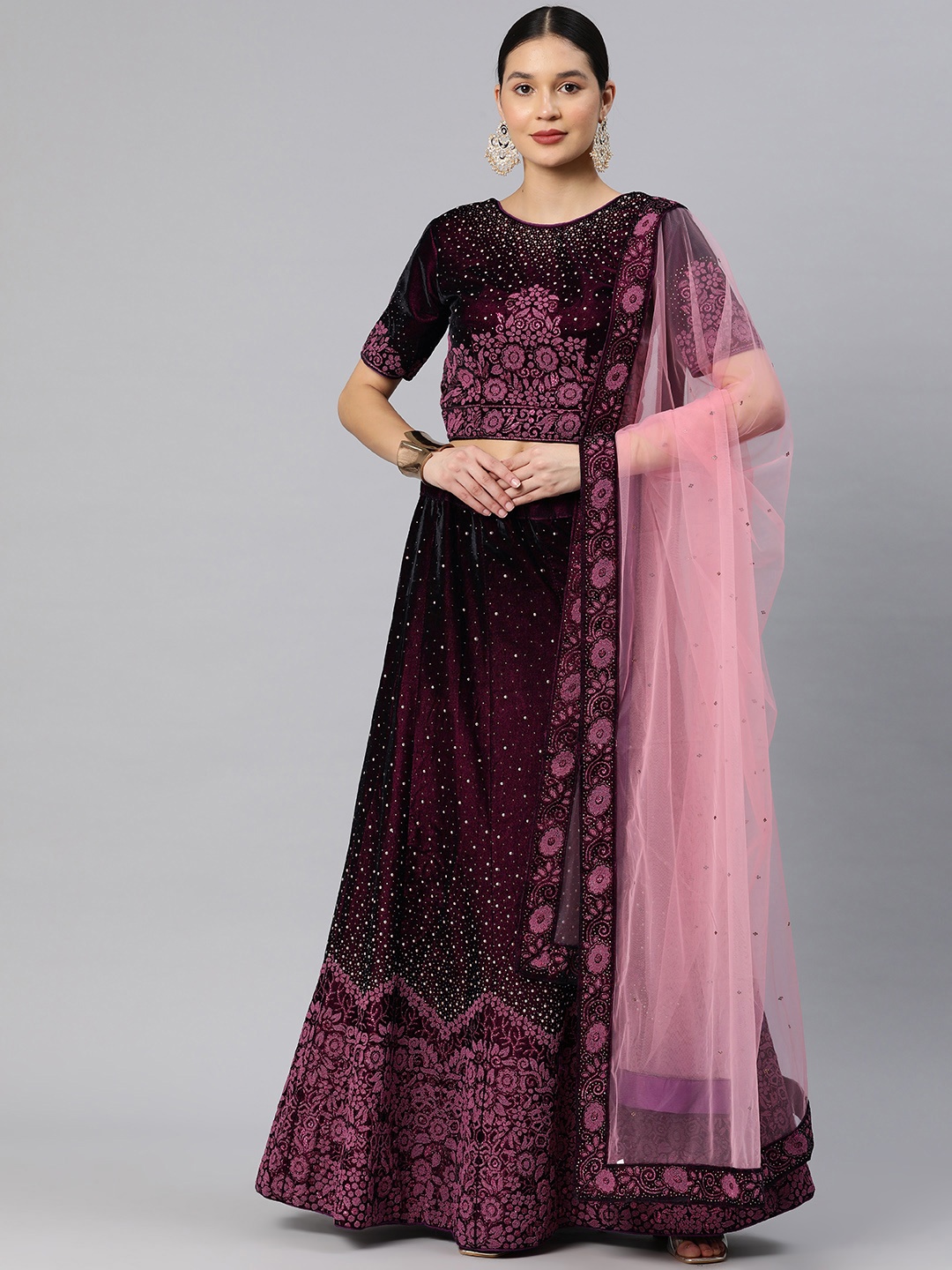 

CAMPAIGN TRENDS Embellished Beads and Stones Unstitched Lehenga & Blouse With Dupatta, Burgundy