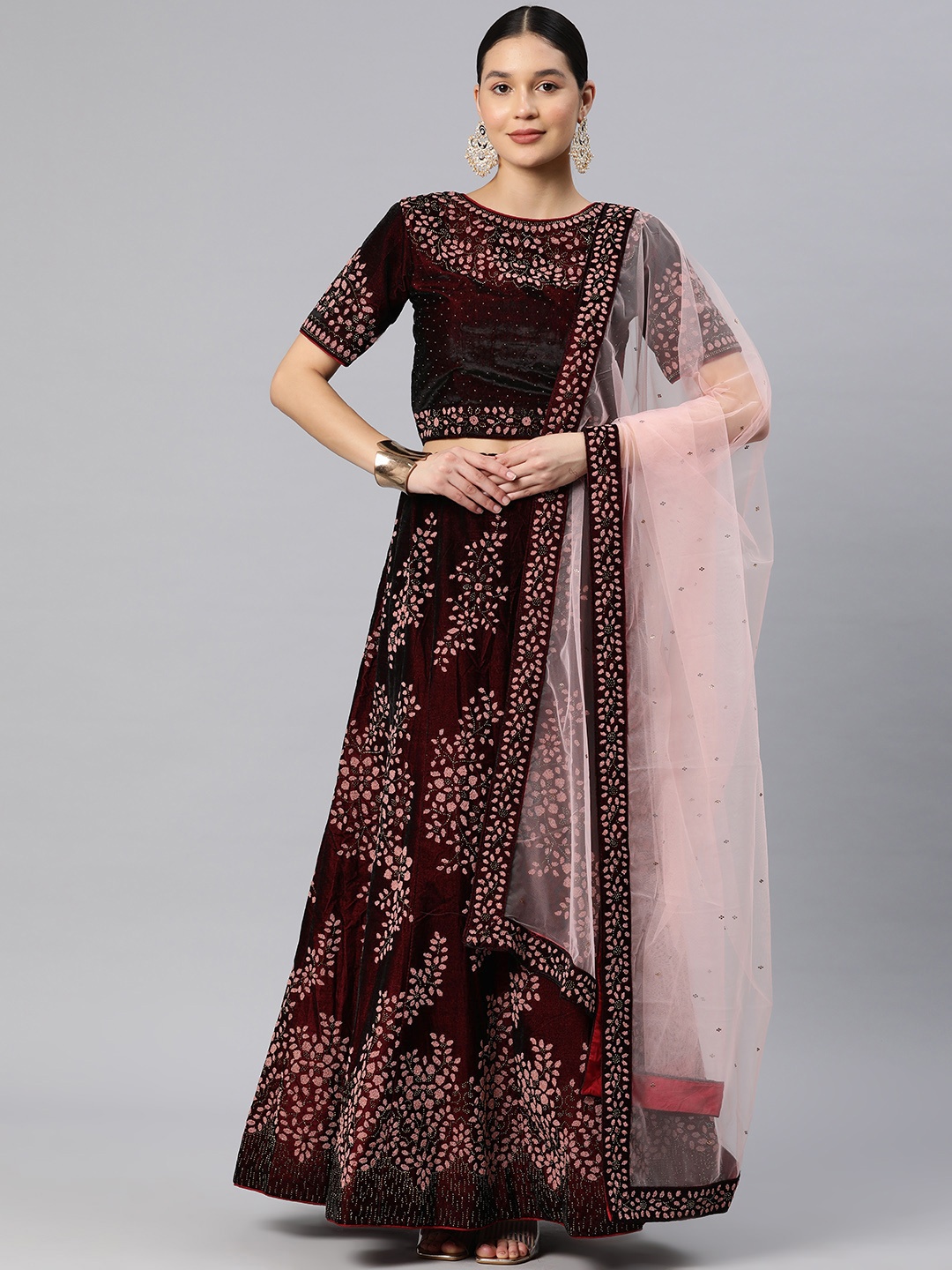 

CAMPAIGN TRENDS Embellished Beads & Stones Unstitched Lehenga & Blouse With Dupatta, Maroon