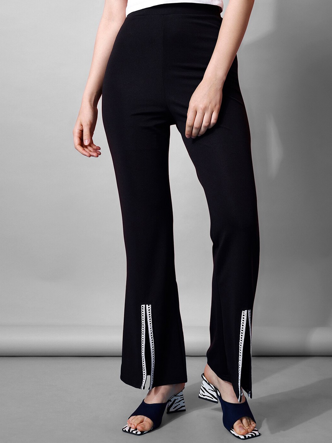 

Selvia Women Mid Rise Front Slits Easy Wash Trousers, Black