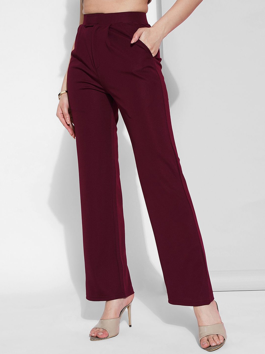 

Selvia Women Easy Wash Pleated Parallel Trousers, Maroon