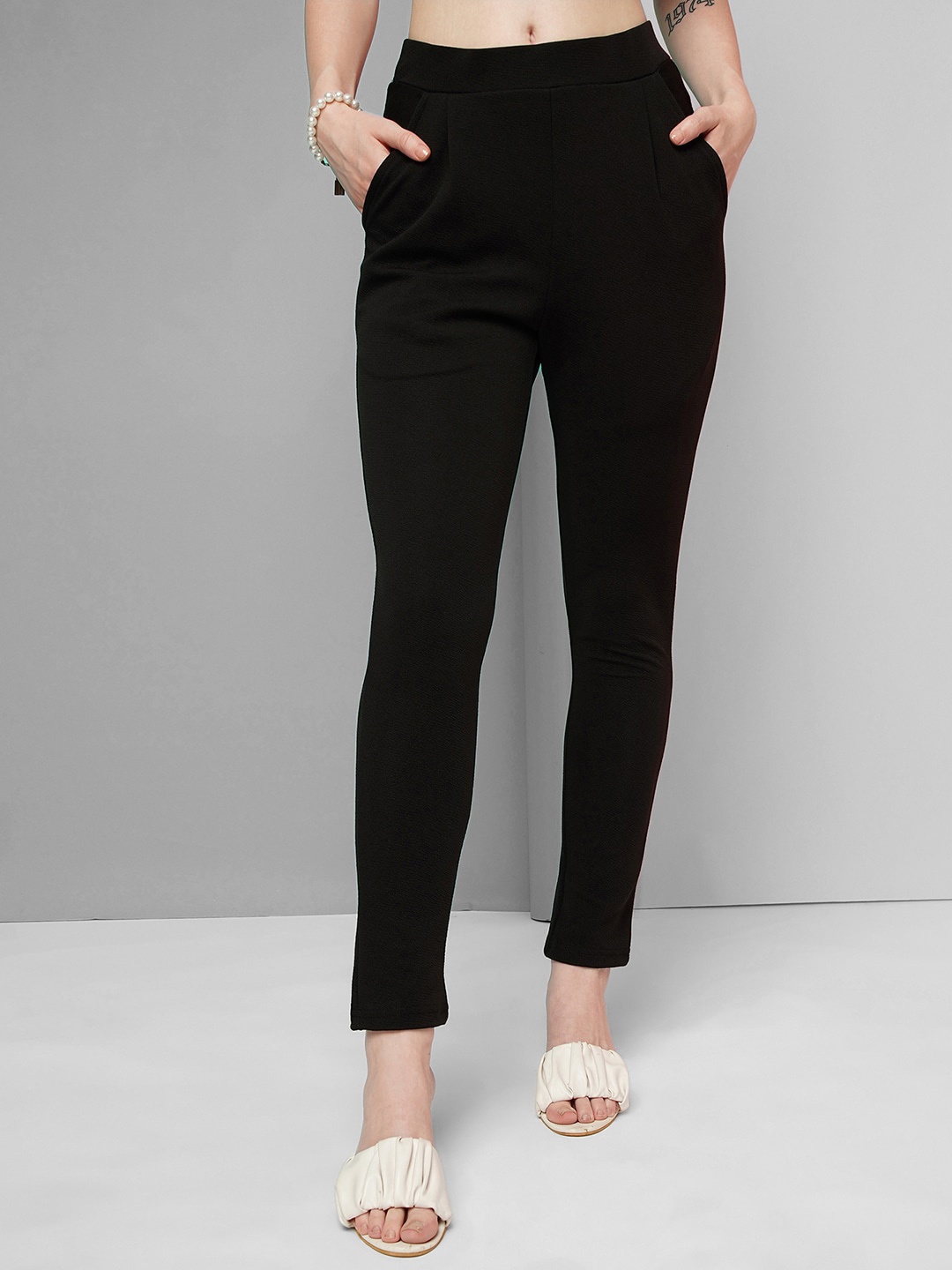 

Selvia Women Mid-Rise Easy Wash Cigarette Trousers, Black