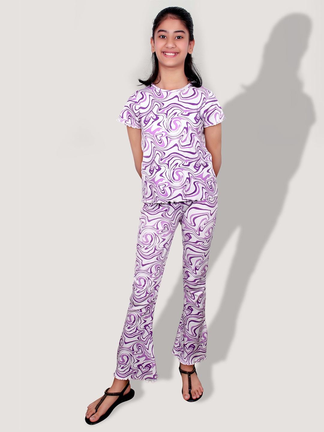 

Googo Gaaga Girls Abstract Printed Pure Cotton Top with Flared Trousers, Purple