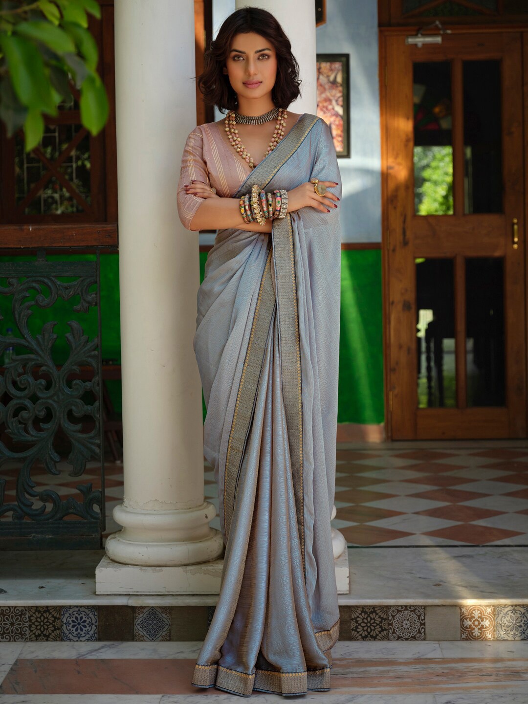 

Stylee LIFESTYLE Zari Woven Design Border Art Silk Saree, Grey