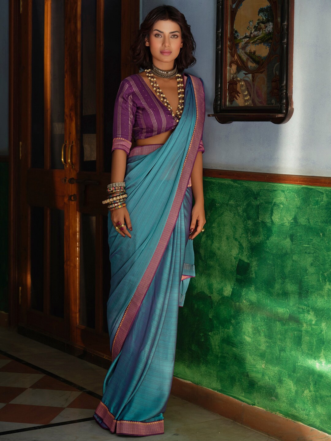 

Stylee LIFESTYLE Woven Design Border Zari Art Silk Saree, Teal