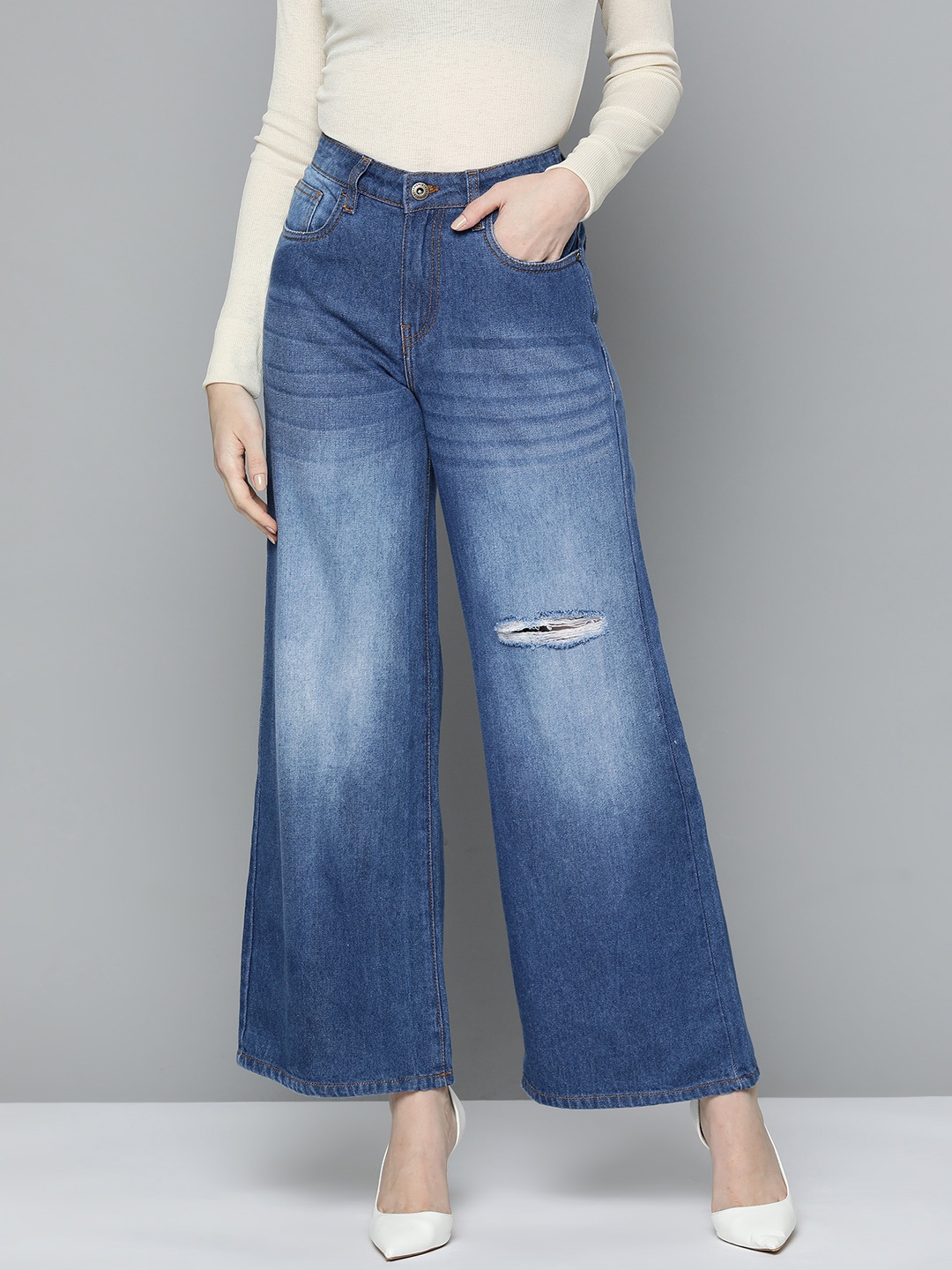 

Chemistry Wide Leg Mildly Distressed Light Fade Pure Cotton Jeans, Blue
