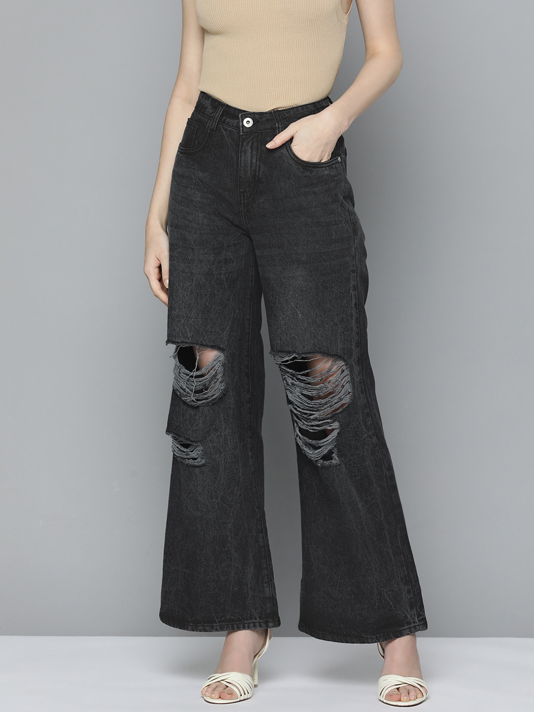 

Chemistry Wide Leg Highly Distressed Pure Cotton Jeans, Black