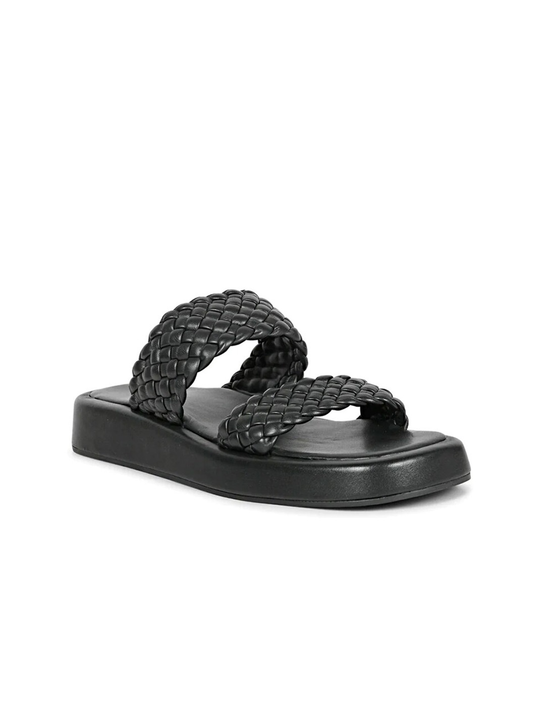 

Saint G Women Woven Design Leather Open Toe Flats, Black