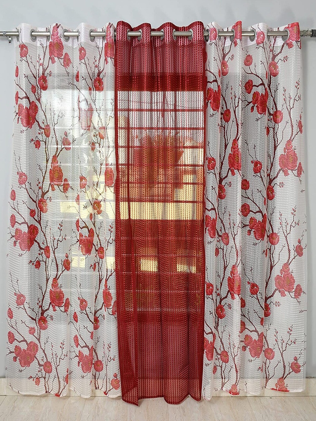 

Homefab India Maroon & White 3 Pieces Floral Printed Sheer Long Door Curtains