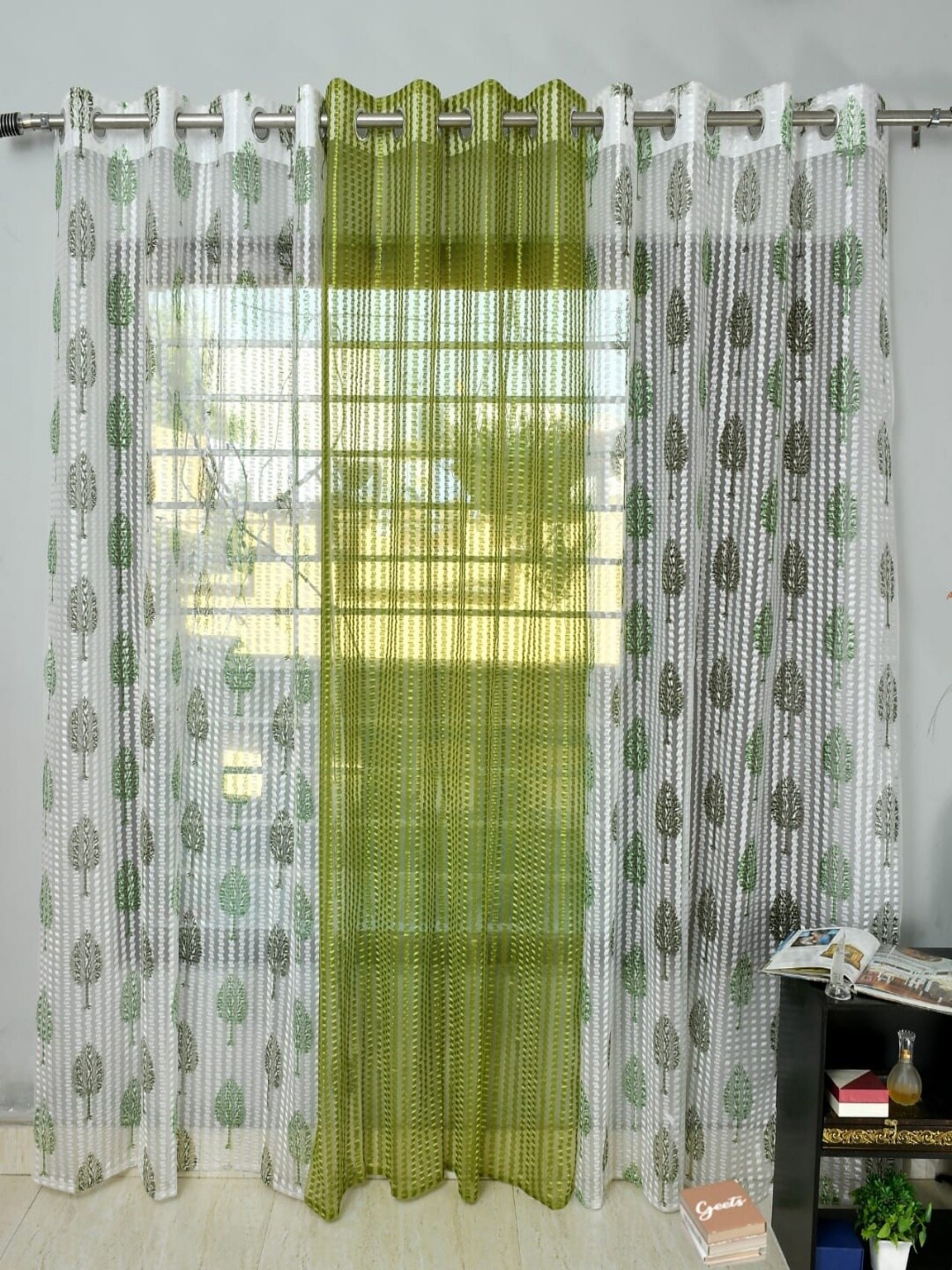 

Homefab India Green & White 3 Pieces Floral Printed Sheer Door Curtains