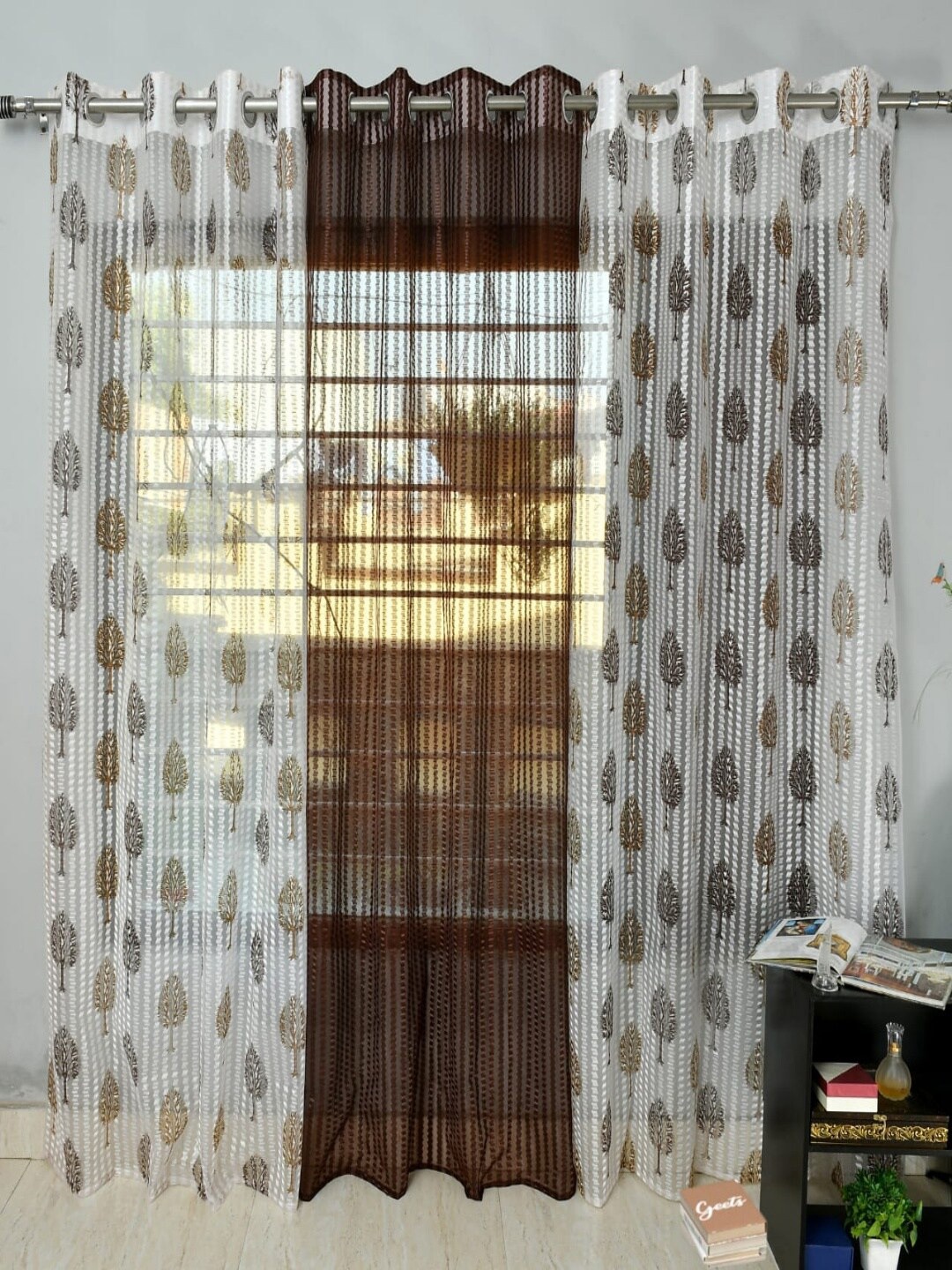 

Homefab India Brown & Pink 3 Pieces Floral Printed Sheer Door Curtains