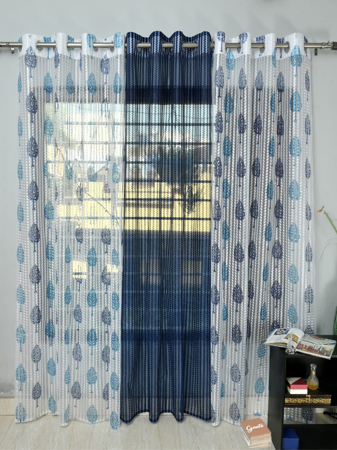 

Homefab India Navy Blue & White 3 Pieces Floral Printed Sheer Long Door Curtains