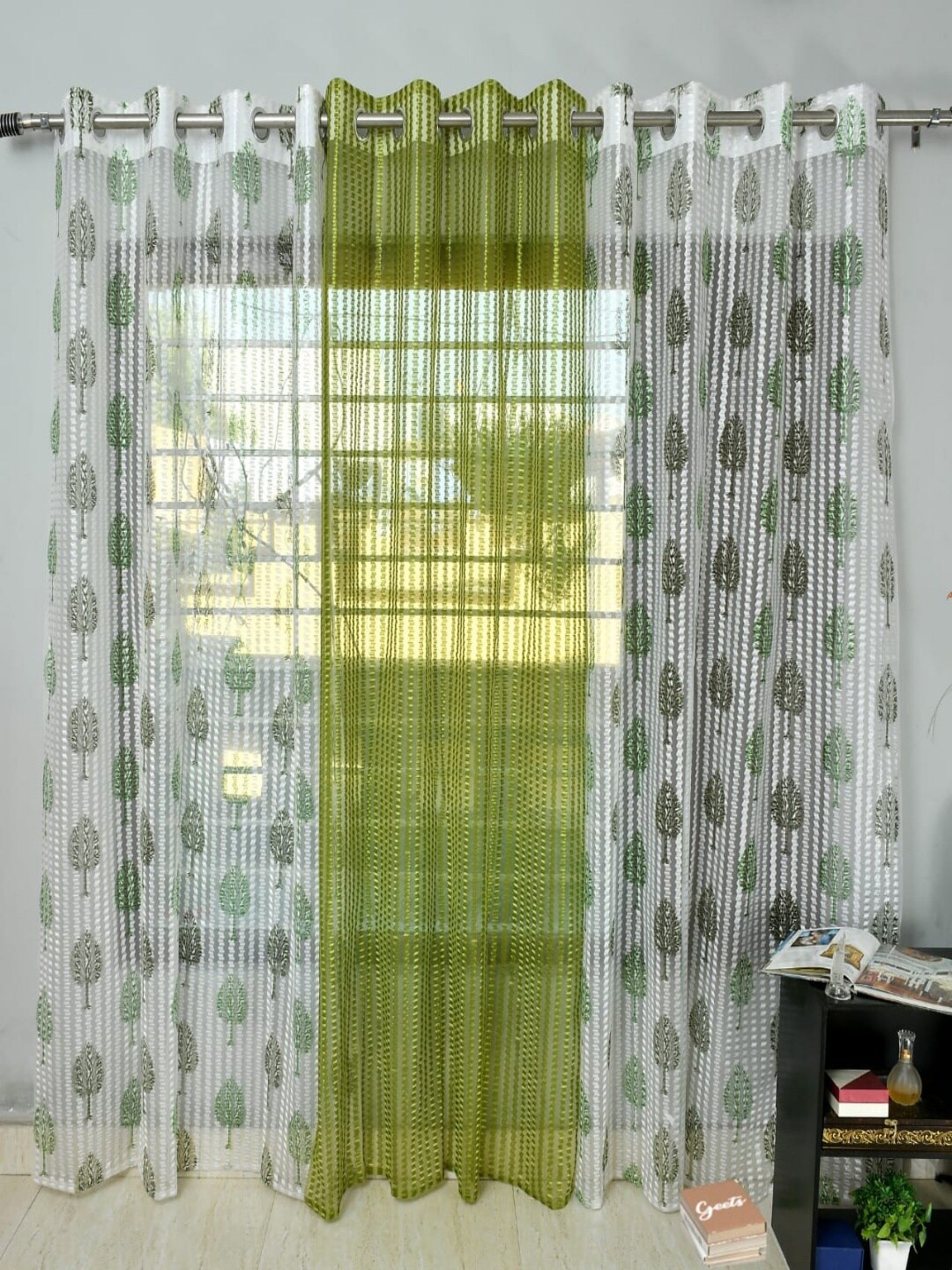 

Homefab India Green & White 3 Pieces Floral Printed Sheer Window Curtains