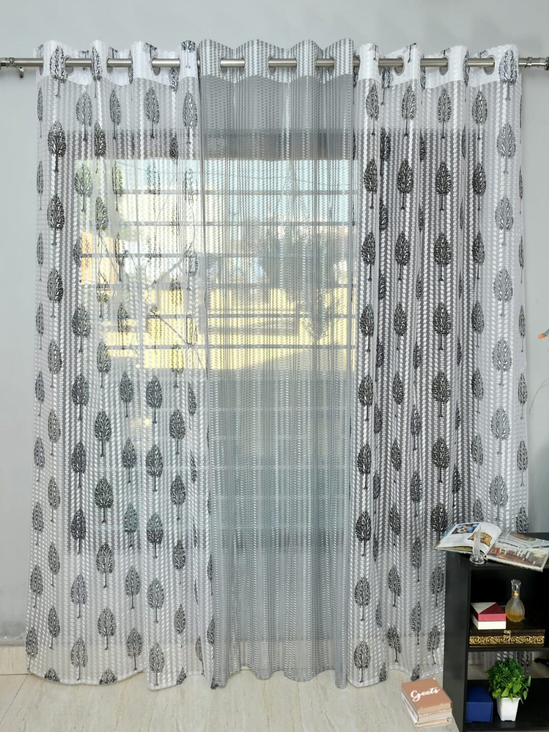 

Homefab India Grey & White 3 Pieces Floral Printed Sheer Door Curtains