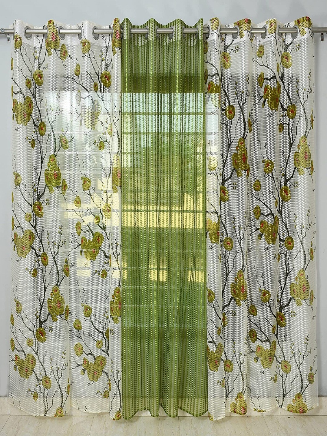 

Homefab India Green & White 3 Pieces Floral Printed Sheer Door Curtains