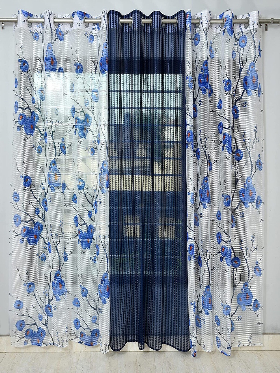 

Homefab India Navy Blue & White 3 Pieces Floral Printed Sheer Door Curtains