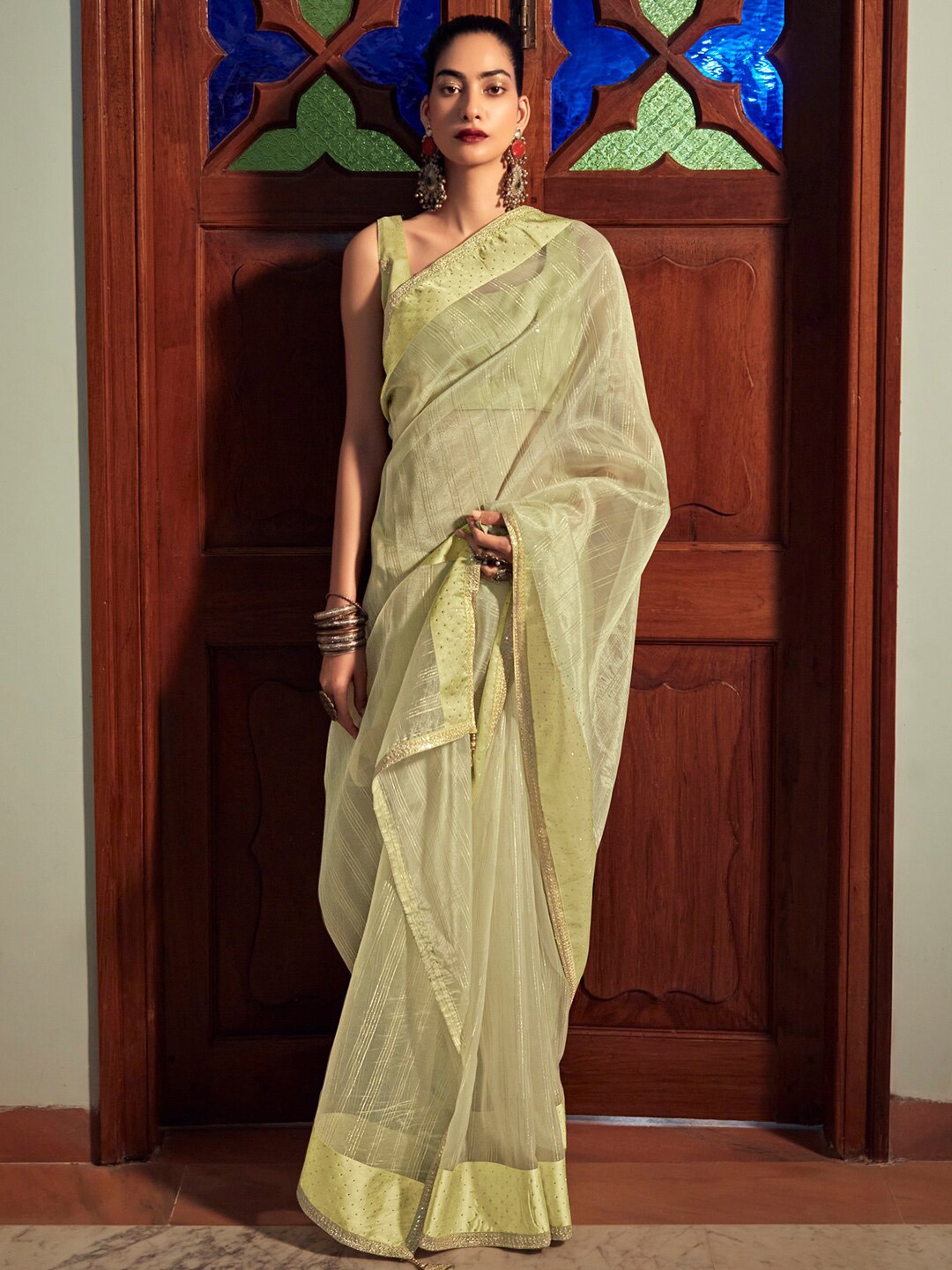 

Stylee LIFESTYLE Striped Beads & Stones Organza Saree, Yellow