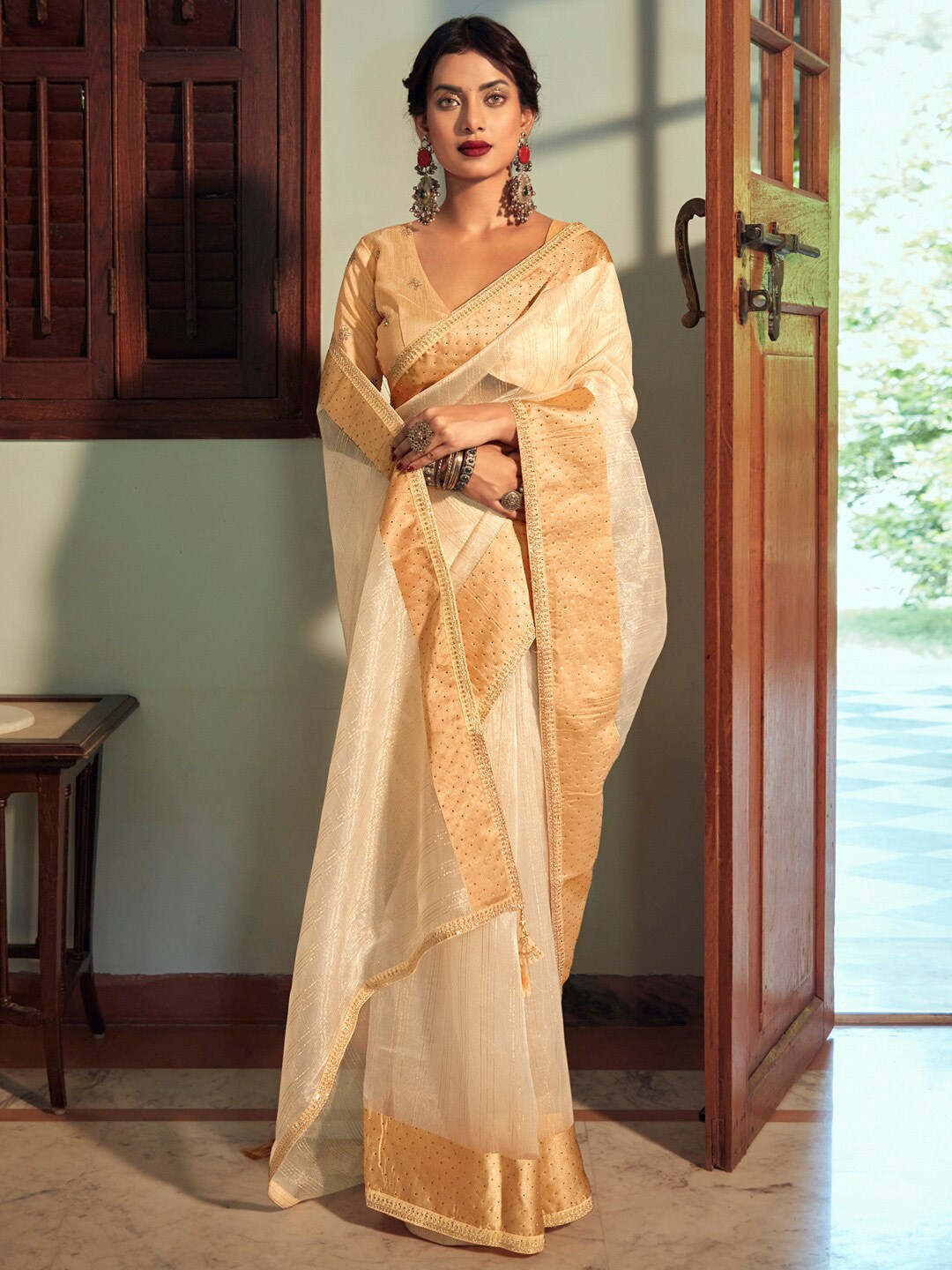 

Stylee LIFESTYLE Striped Beads & Stones Organza Saree, Peach