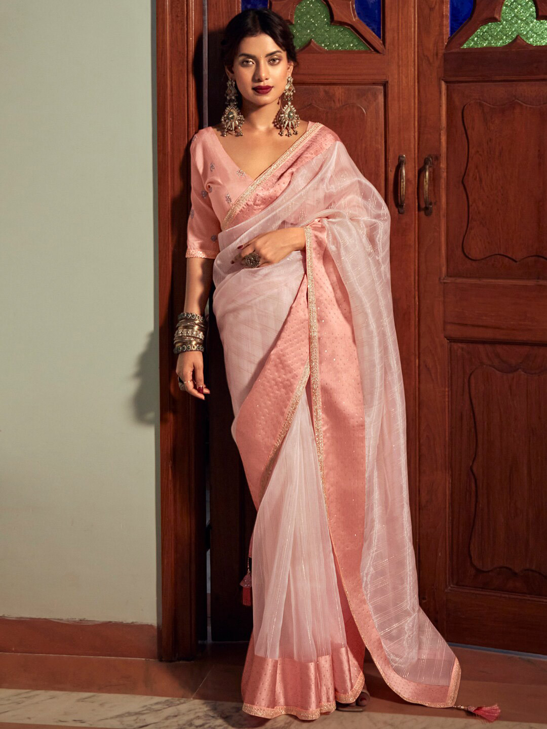 

Stylee LIFESTYLE Striped Beads & Stones Organza Saree, Peach