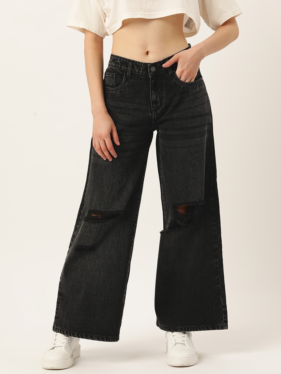

DressBerry Women Wide Leg Low Distress Pure Cotton Jeans, Black