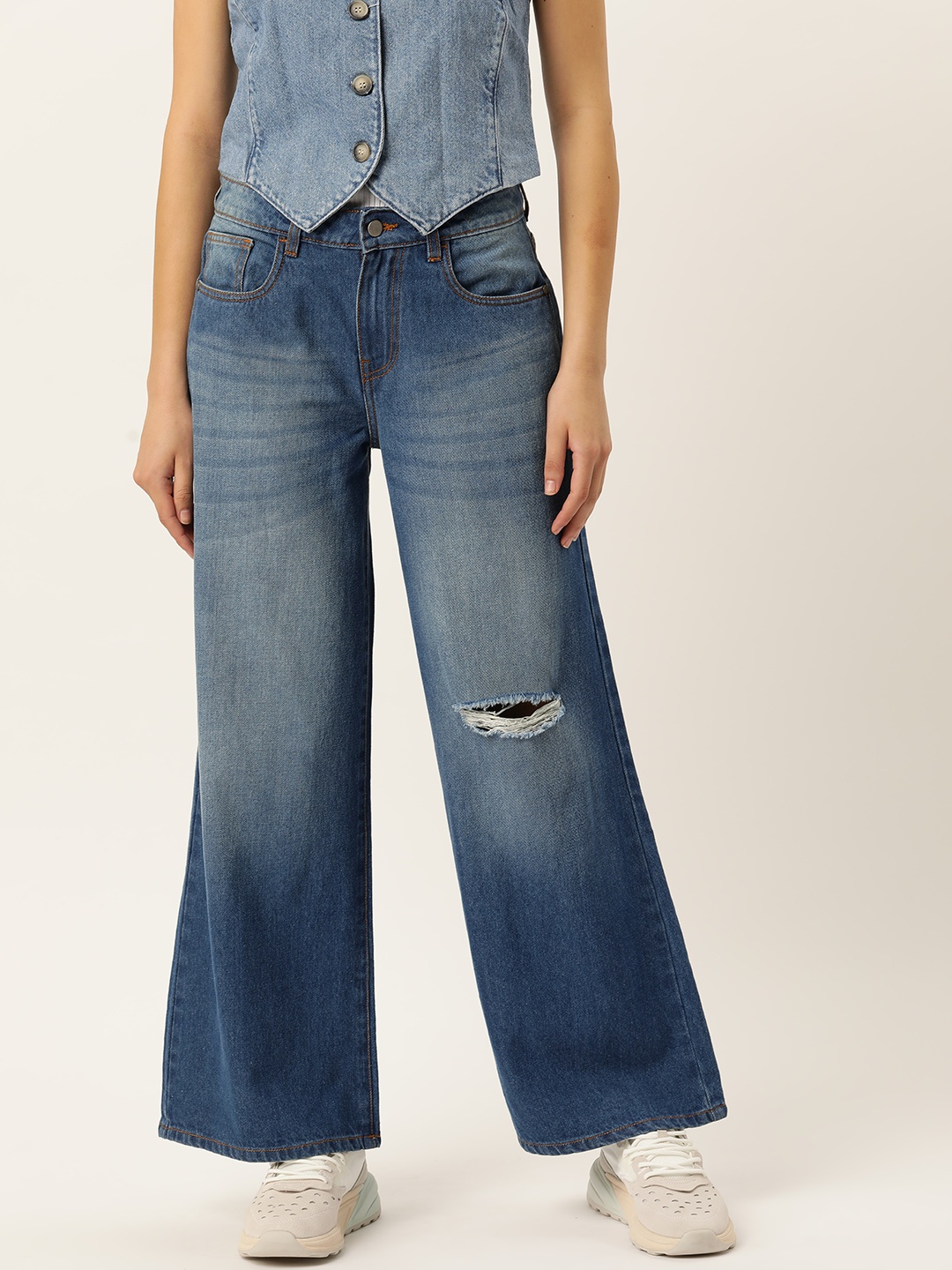 

DressBerry Women Wide Leg Slash Knee Light Fade Pure Cotton Jeans, Blue