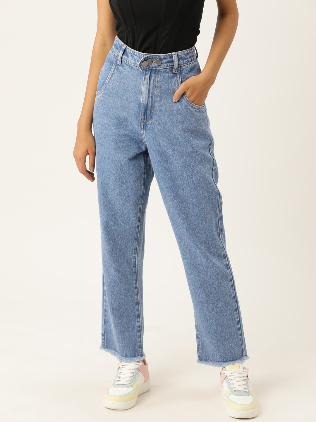 

DressBerry Women Straight Fit High-Rise Heavy Fade Acid Wash Jeans, Blue