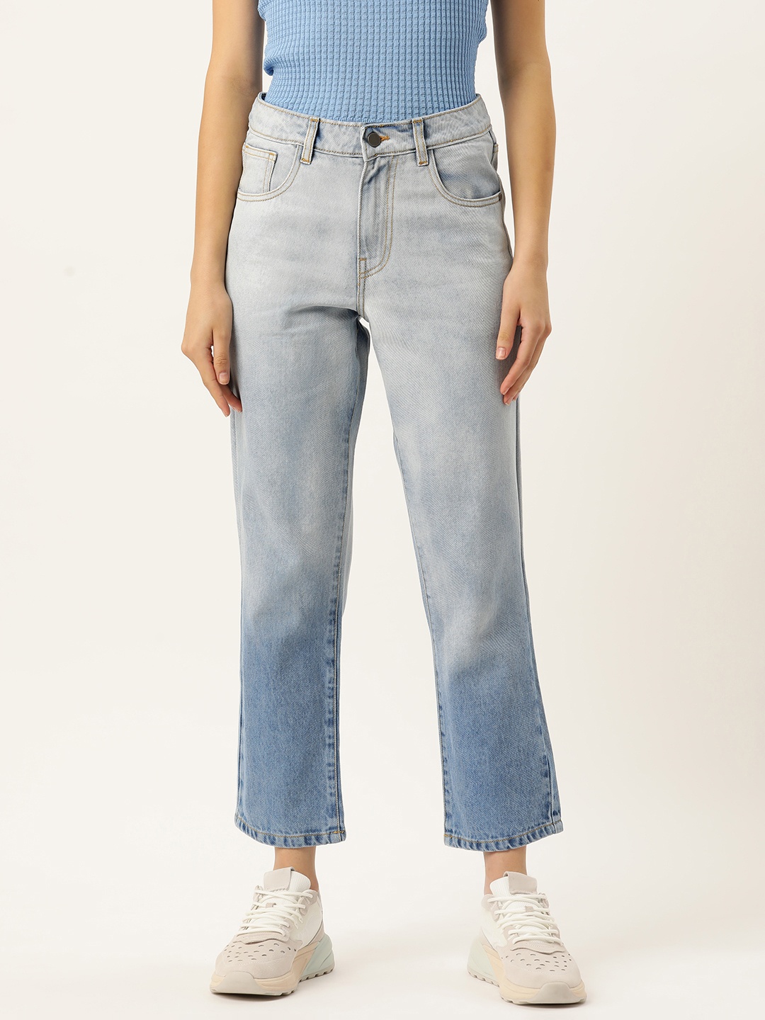 

DressBerry Women Straight Fit Ombre Cropped Pure Cotton Jeans, Blue