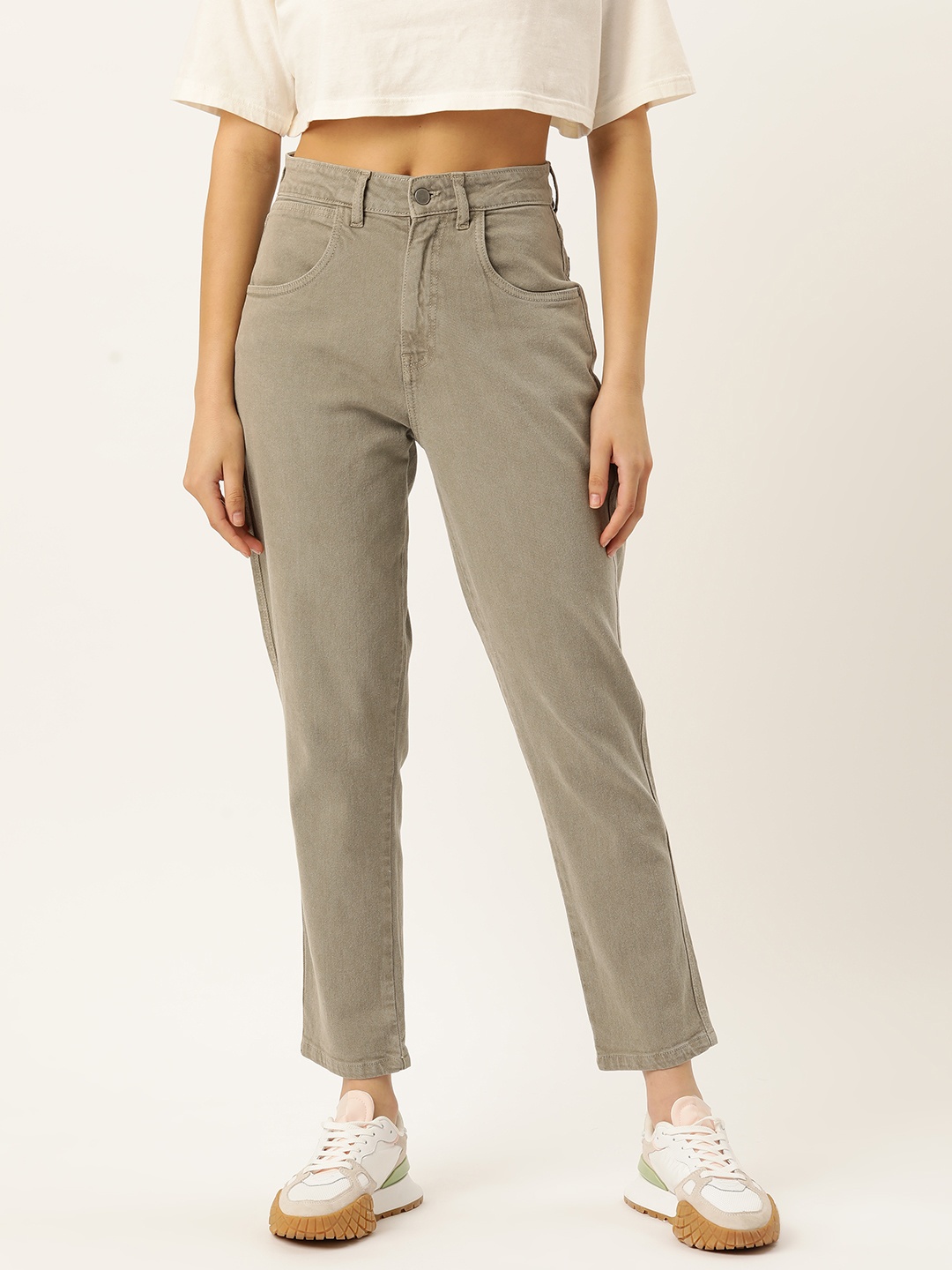 

DressBerry Women Relaxed Fit High-Rise Cropped Jeans, Beige