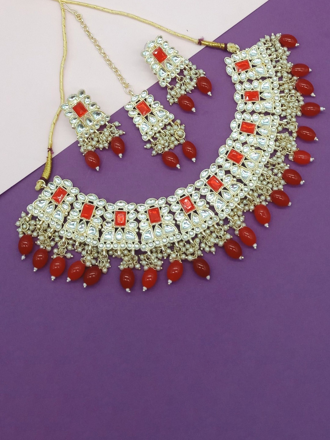 

AASHISH IMITATION Gold-Plated Kundan-Studded & Beaded Necklace & Earrings