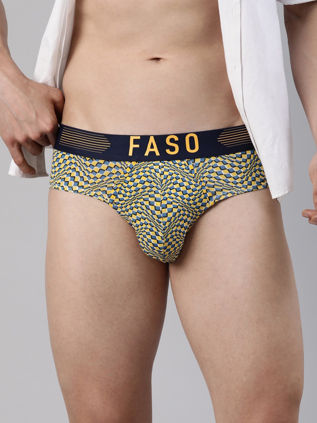 

FASO Men Geometric Printed Ultra Soft Durable Mid-Rise Basic Briefs, White