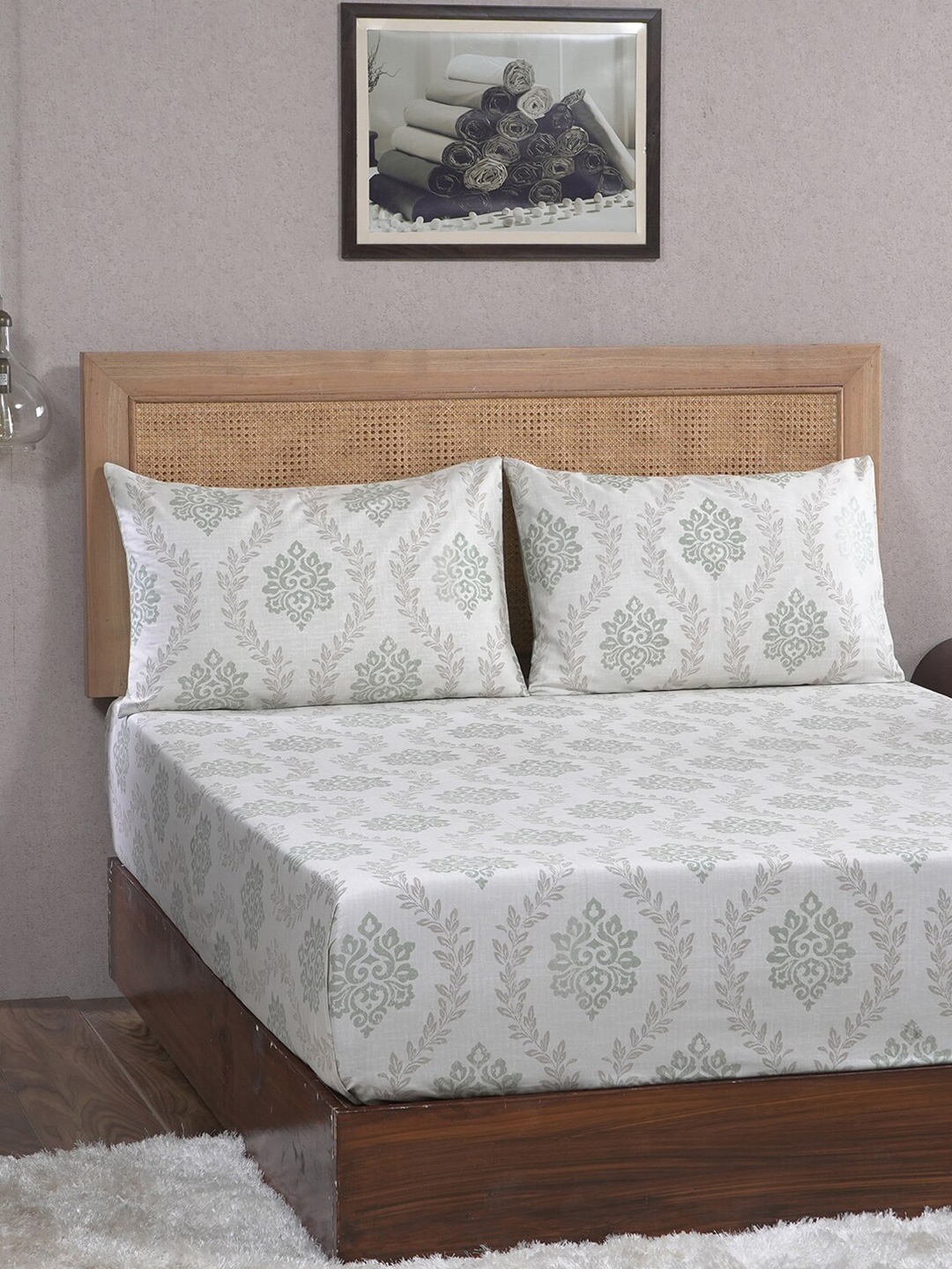 

MASPAR Tranquil Essence Lawn Leaflet Green 400TC Cotton King Bedsheet & 2 Pillow Covers