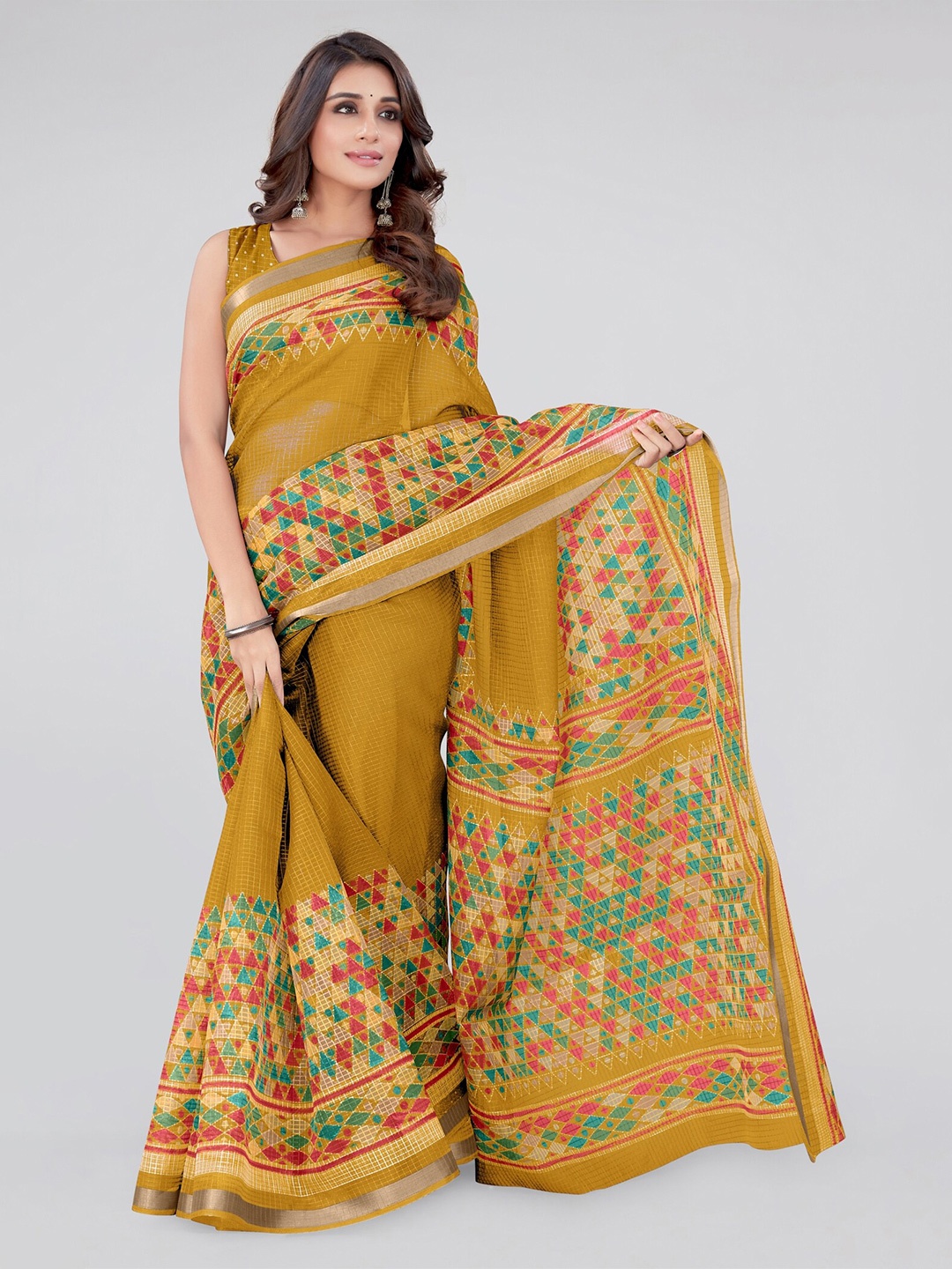 

KALINI Mustard & Red Geometric Printed Zari Saree