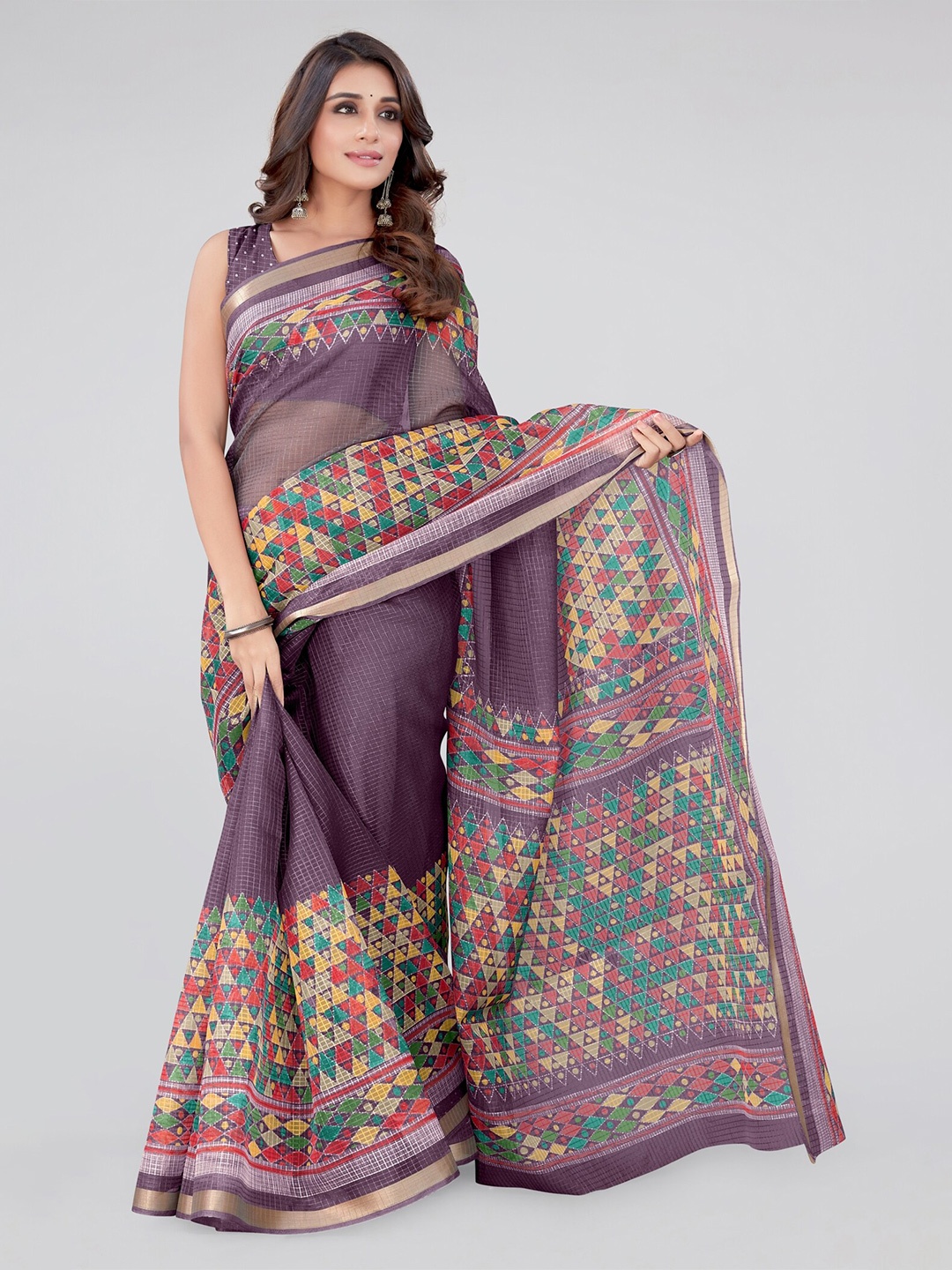 

KALINI Magenta & Red Geometric Printed Zari Saree, Purple