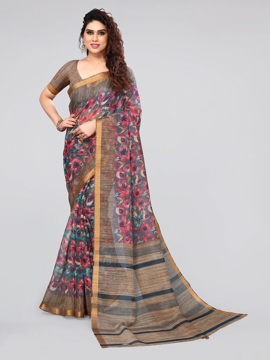 

MIRCHI FASHION Grey & Red Floral Printed Zari Saree