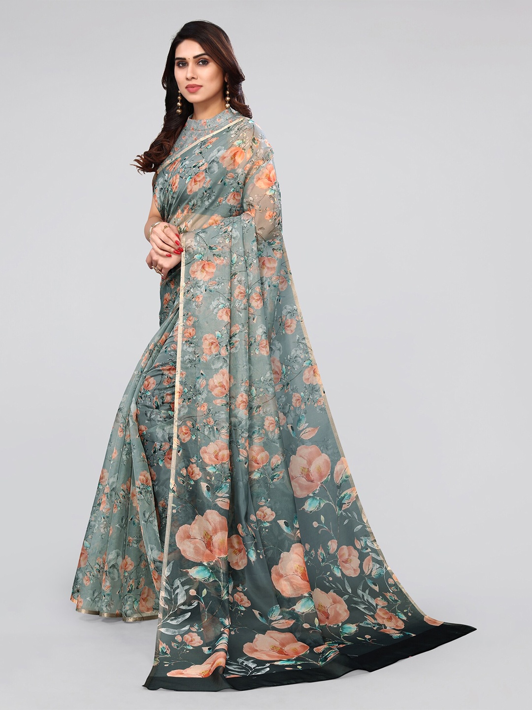

MIRCHI FASHION Grey & Orange Floral Printed Zari Organza Saree