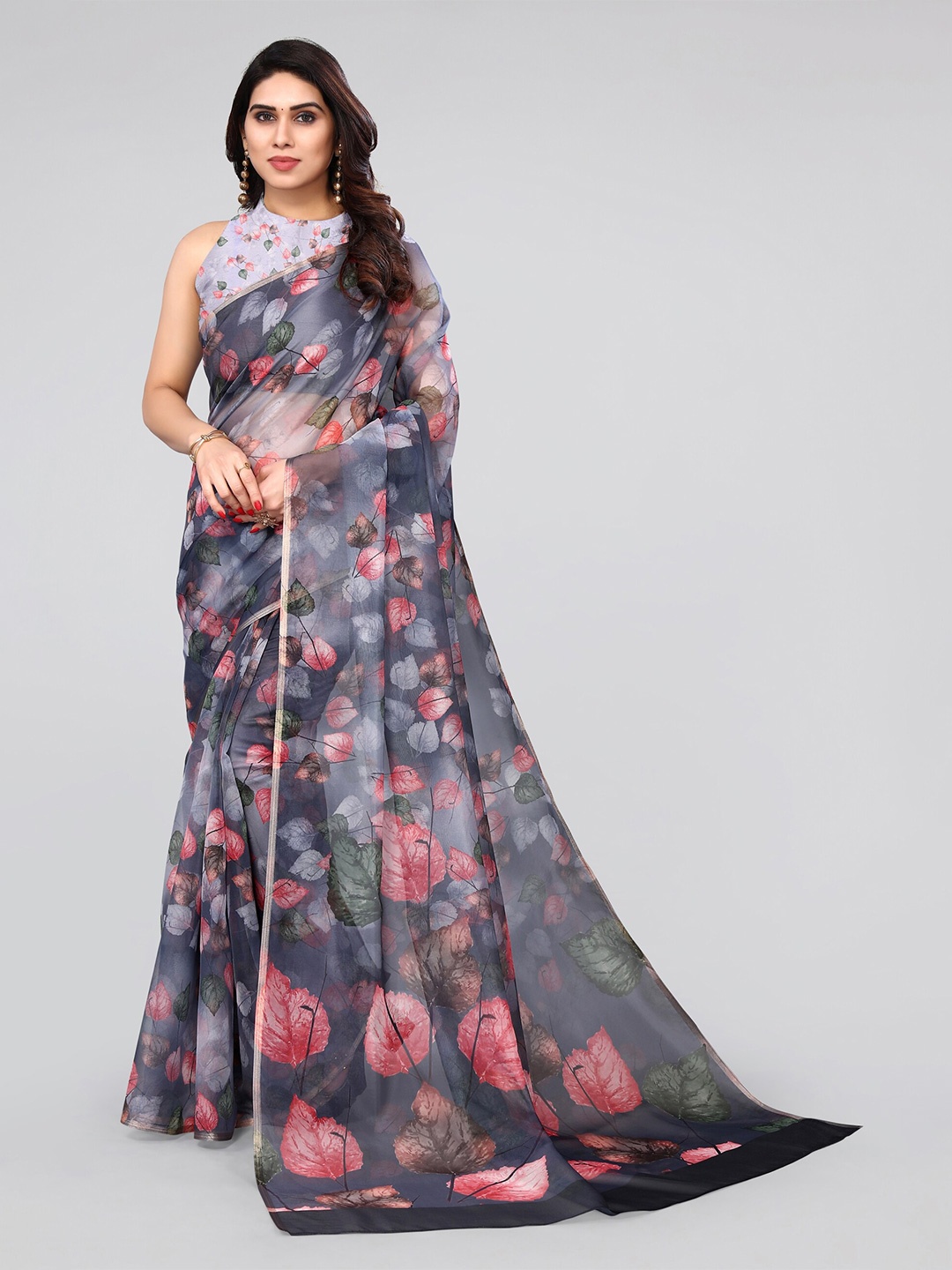 

MIRCHI FASHION Grey & Orange Floral Printed Zari Organza Saree