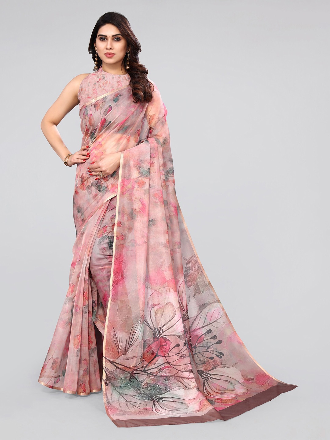 

MIRCHI FASHION Peach-Coloured & Green Floral Printed Zari Organza Saree