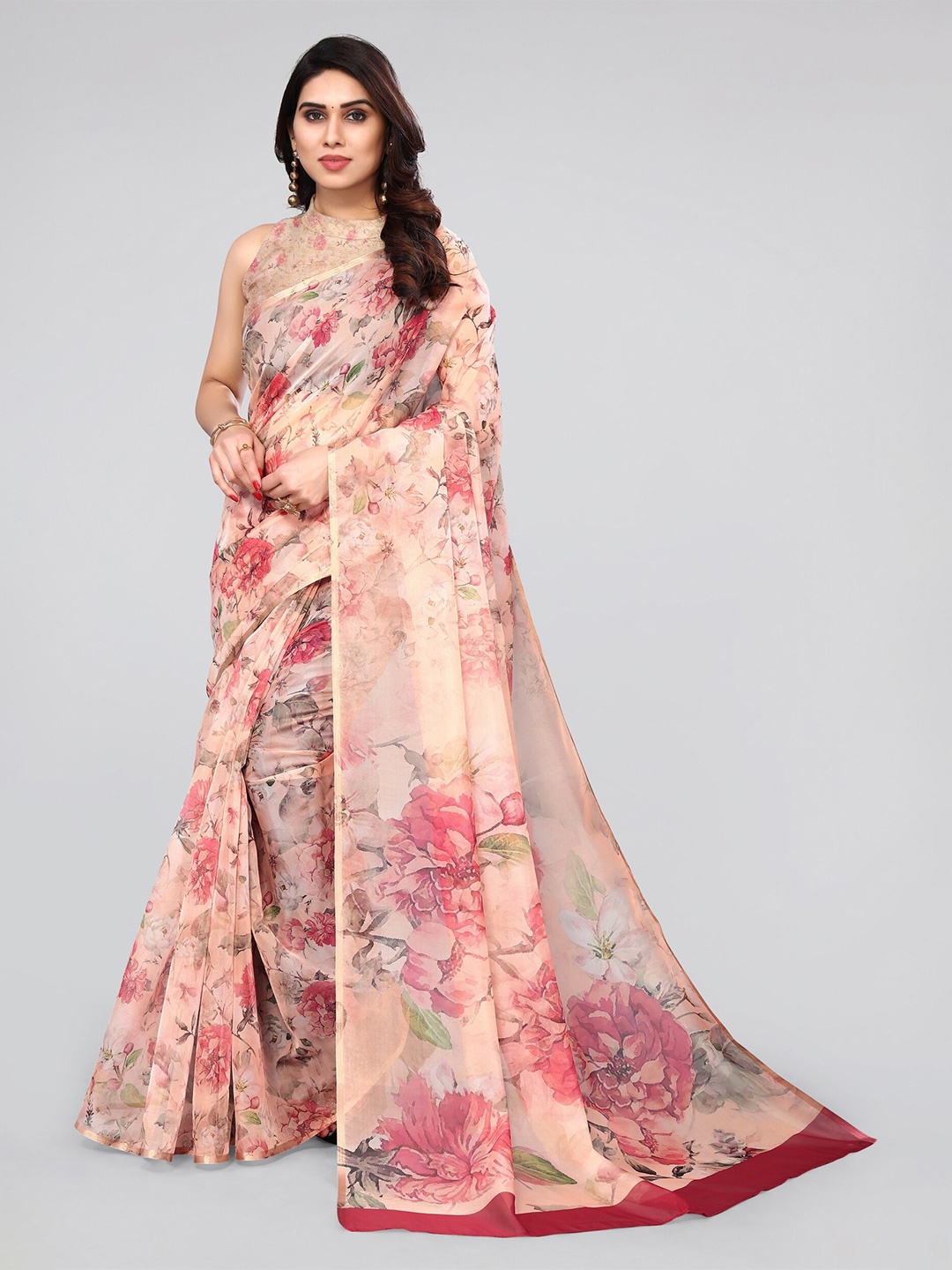 

MIRCHI FASHION Cream-Coloured & Gold-Toned Floral Printed Zari Organza Saree