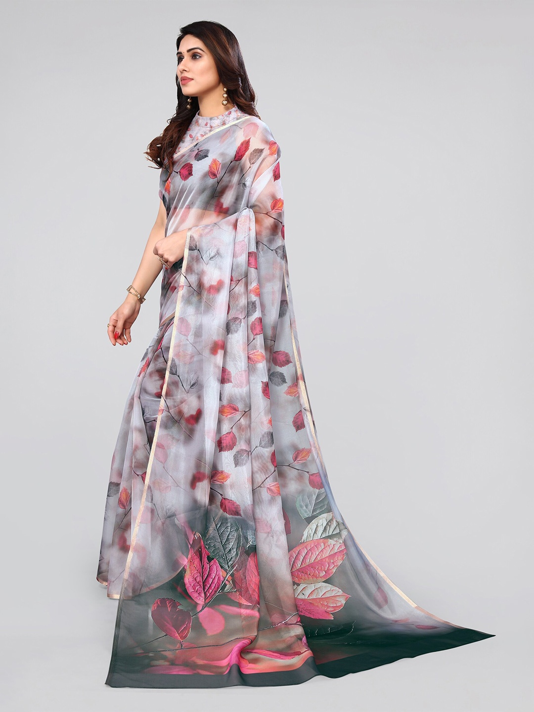 MIRCHI FASHION Off White & Pink Floral Printed Zari Organza Saree