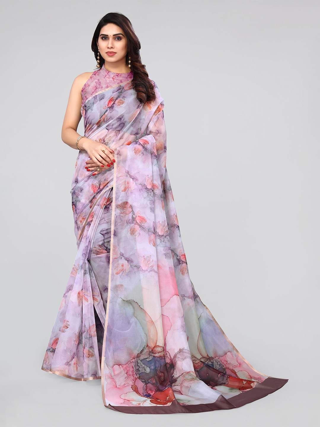 

MIRCHI FASHION Lavender & Green Floral Printed Zari Organza Saree