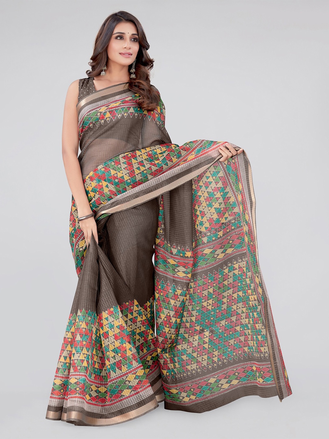 

MIRCHI FASHION Brown & Green Geometric Printed Zari Saree