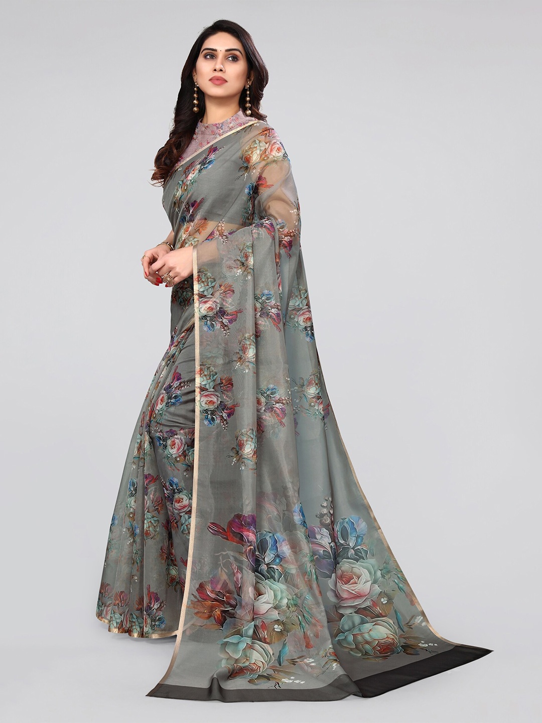 MIRCHI FASHION Taupe & Blue Floral Printed Zari Organza Saree