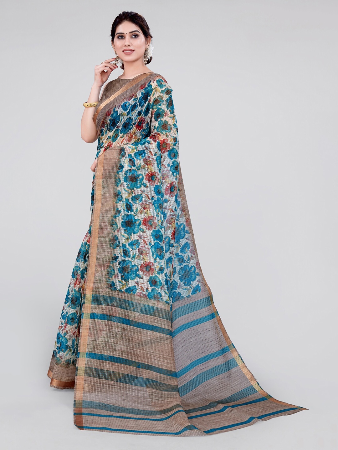 

MIRCHI FASHION Turquoise Blue & Red Floral Printed Zari Saree