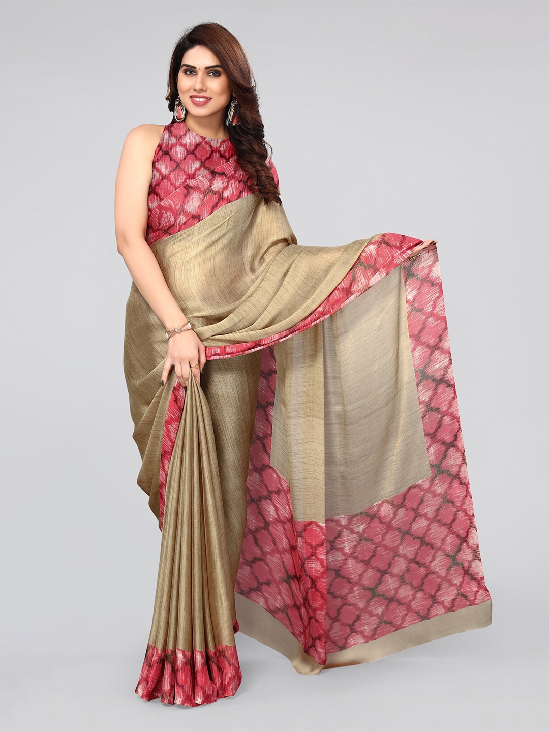 

MIRCHI FASHION Beige & Red Ikat Printed Saree