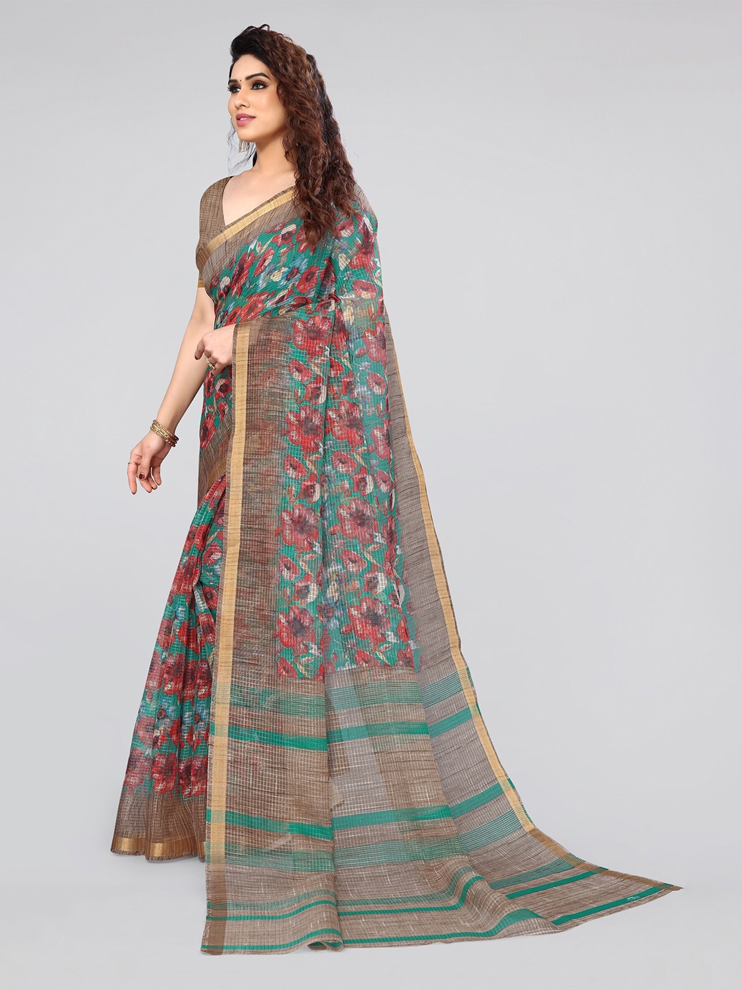 

MIRCHI FASHION Teal & Brown Floral Printed Zari Saree