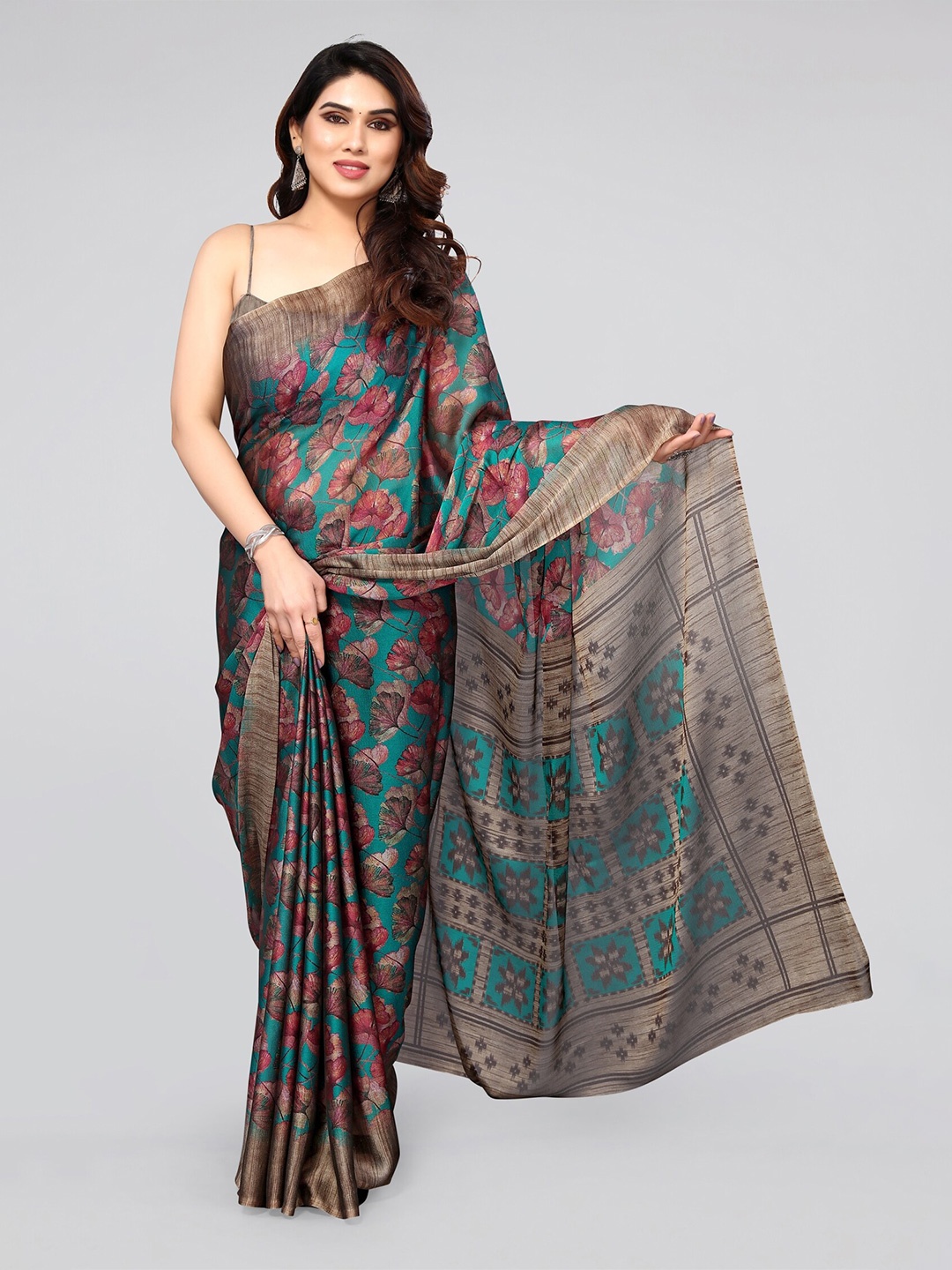 

MIRCHI FASHION Teal & Rust Floral Printed Saree